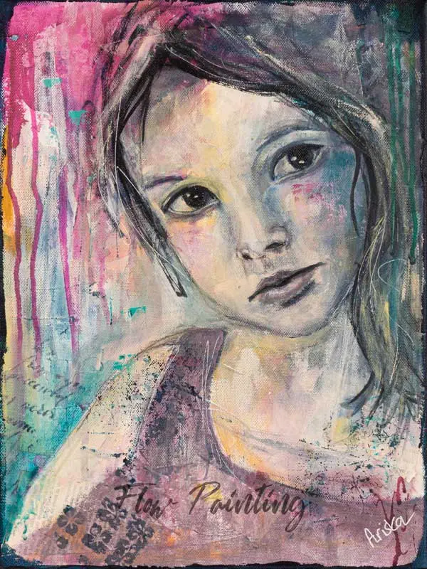 Lovely Lady 2 - Mixed media portret schilderij - Ariska Keldermann-Simons